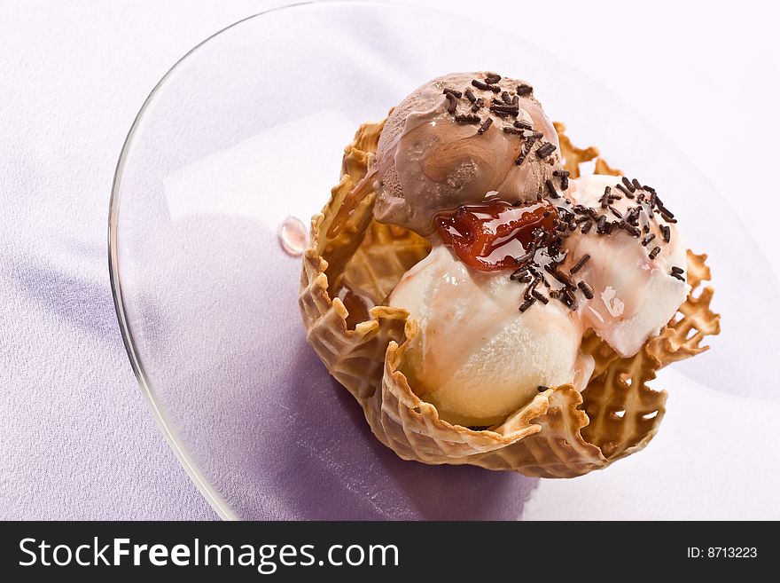 Close up ice cream with chocolate knick knackery