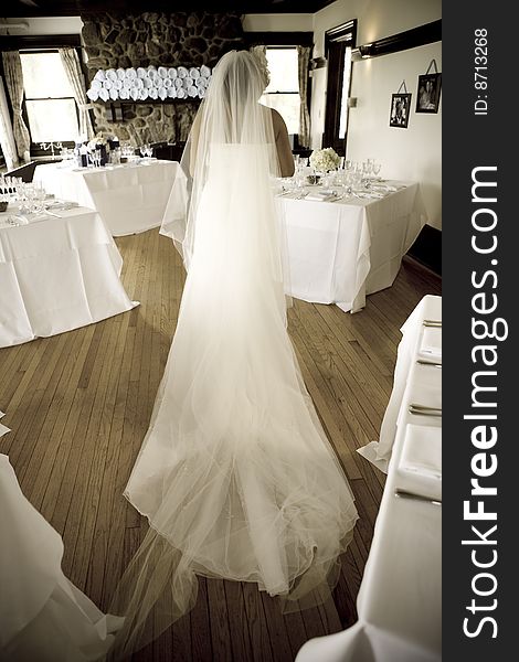 Bride in reception area vied from back wearing dress and veil. Bride in reception area vied from back wearing dress and veil