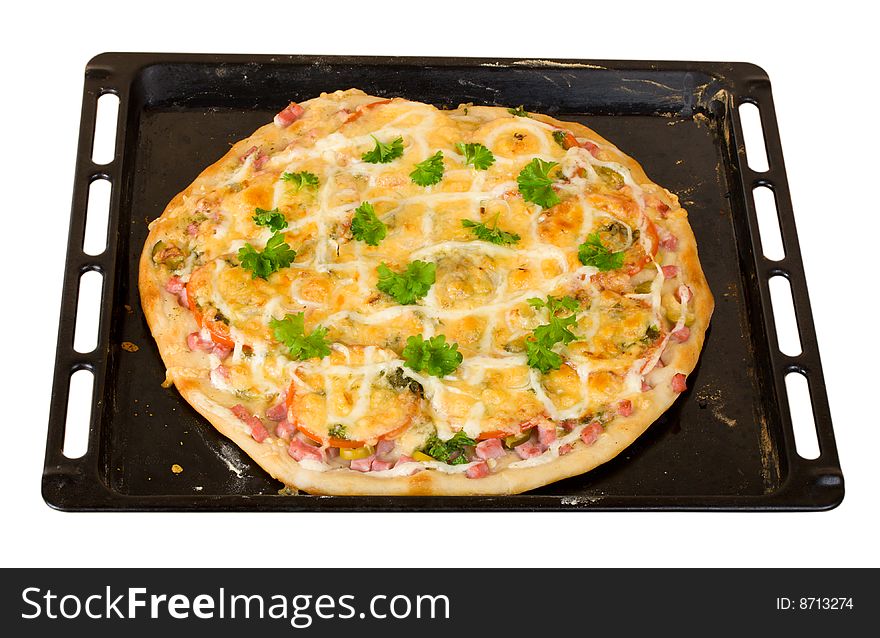 Baked pizza on baking tray, isolated on white. Baked pizza on baking tray, isolated on white