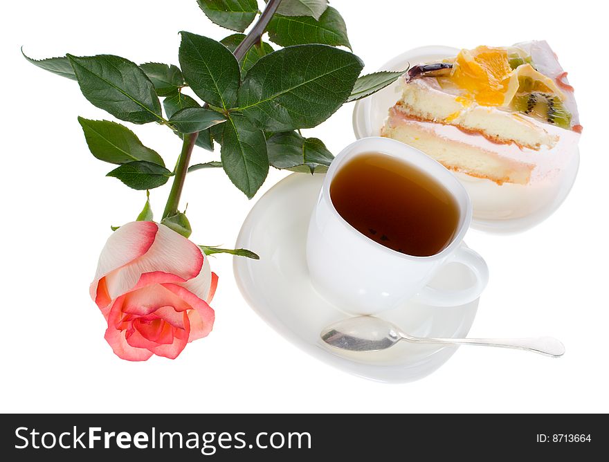 Rose cup of tea and cake with fruits, isolated on white. Rose cup of tea and cake with fruits, isolated on white