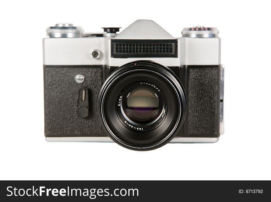 Old model of the film camera on a white background. Old model of the film camera on a white background