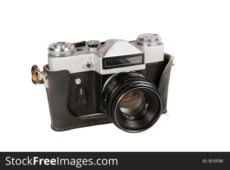 Old model of the film camera on a white background. Old model of the film camera on a white background