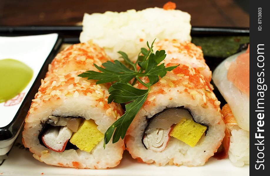 Traditional Japanese dish sushi, tasty, and useful