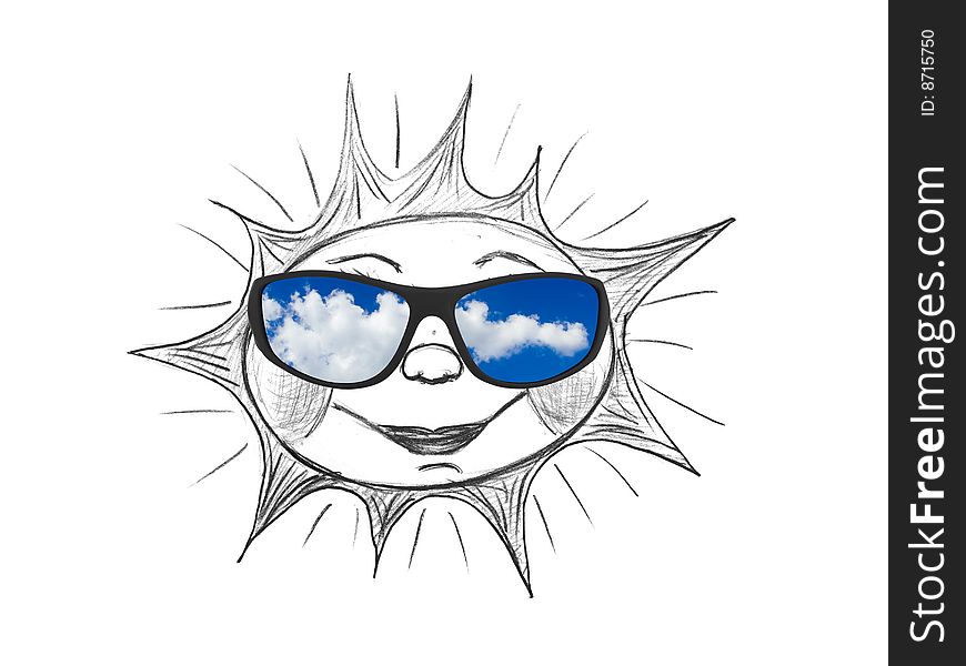 Drawing sun (my artwork) and sunglasses isolated on white background. Drawing sun (my artwork) and sunglasses isolated on white background