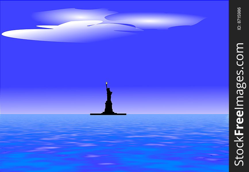 Silhouette  of the statue of liberty on blue sky and ocean background. Silhouette  of the statue of liberty on blue sky and ocean background