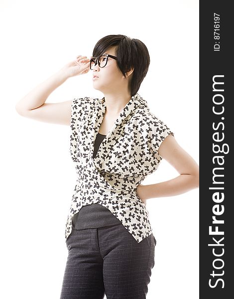 female asian model in fashionable clothing on white. female asian model in fashionable clothing on white