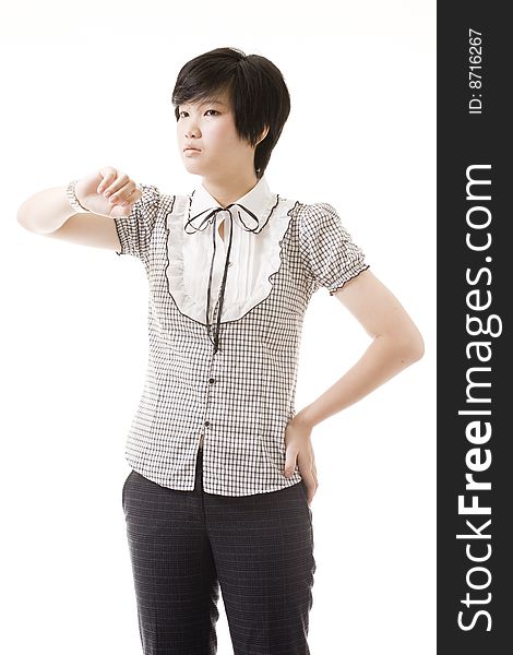 Female asian model in fashionable clothing on white. Female asian model in fashionable clothing on white