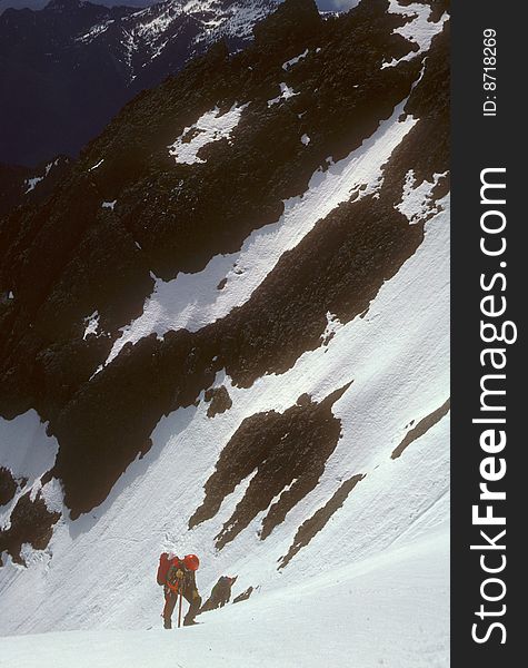 Climbers on steep snow face, Mt Constance,  Olympic National Park, Washington, Pacific Northwest