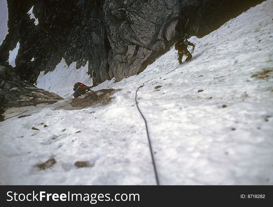 Climbers On Steep Snow Face