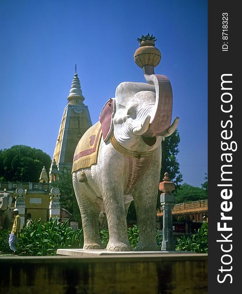 Painted elephant outside temple,  Delhi, India, Asia