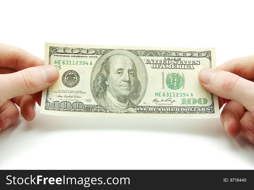 Hands hold 100 bill on white background. Hands hold 100 bill on white background