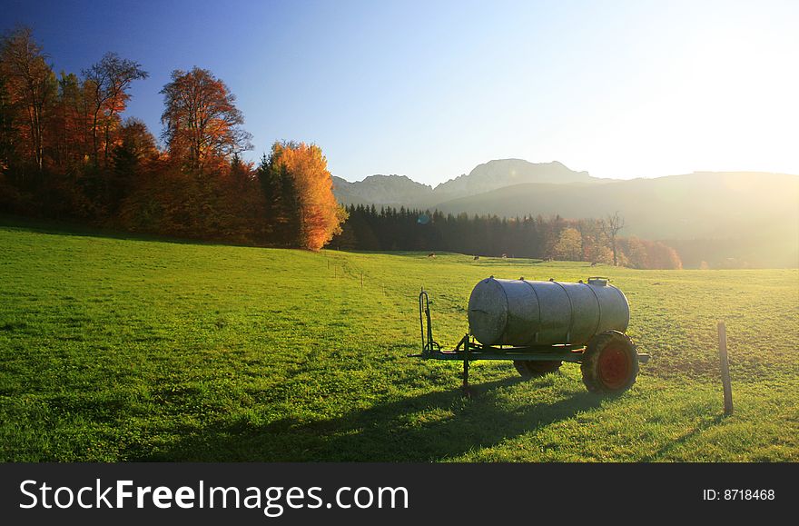 Bavarian autumn with sunset and forest