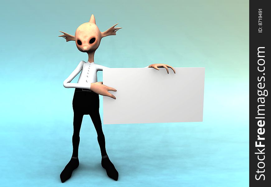 An alien like fantasy creature holding a blank sign. An alien like fantasy creature holding a blank sign.