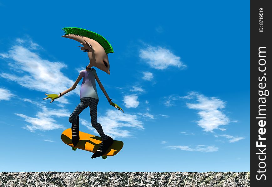 A cartoon punk rocker skateboarding against a blue sky.