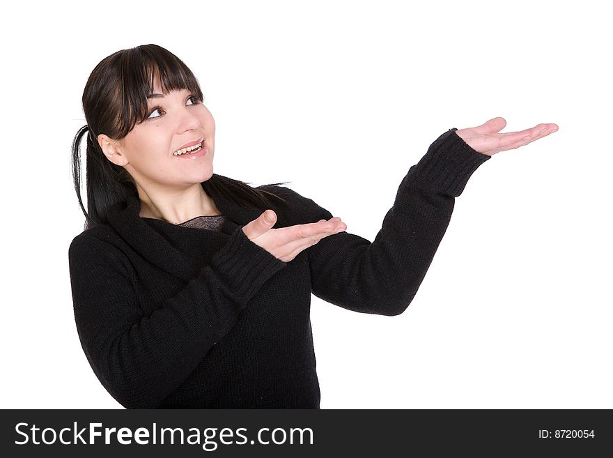 Happy brunette woman over white background. Happy brunette woman over white background