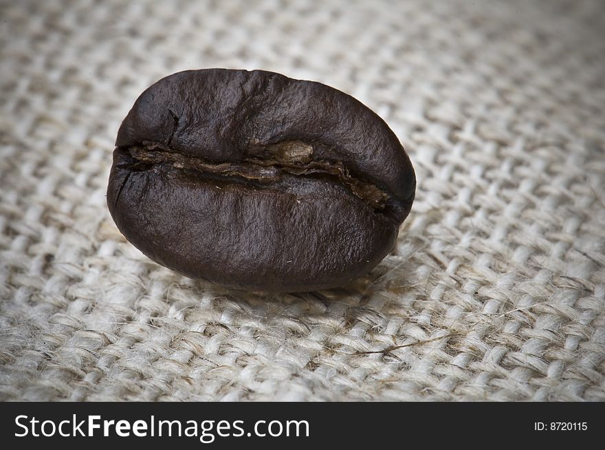 Closeup of a coffee bean on a rough textured background