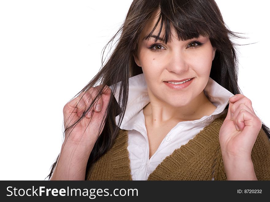 Happy brunette woman over white background. Happy brunette woman over white background