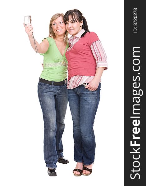 Happy two women over white background. Happy two women over white background