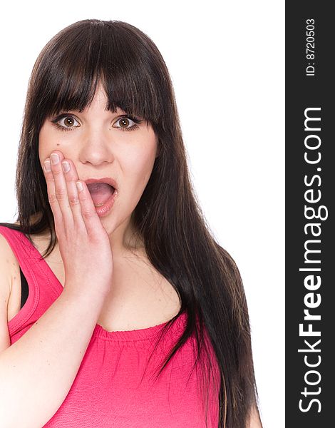 Happy brunette woman over white background. Happy brunette woman over white background