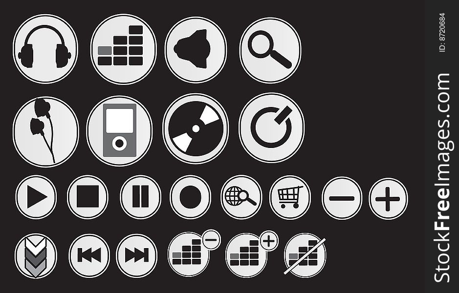 Set of grey and silver audio icons