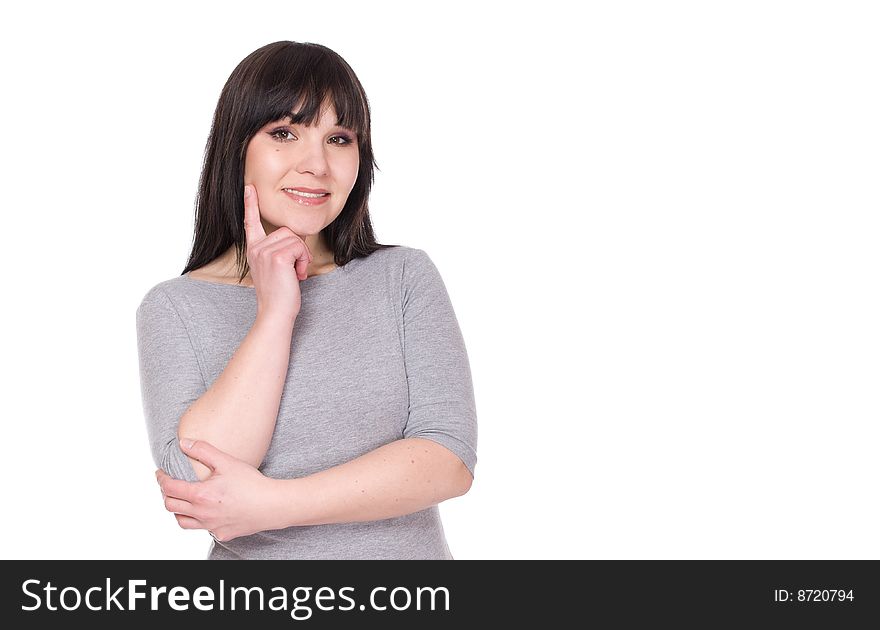 Happy brunette woman over white background. Happy brunette woman over white background