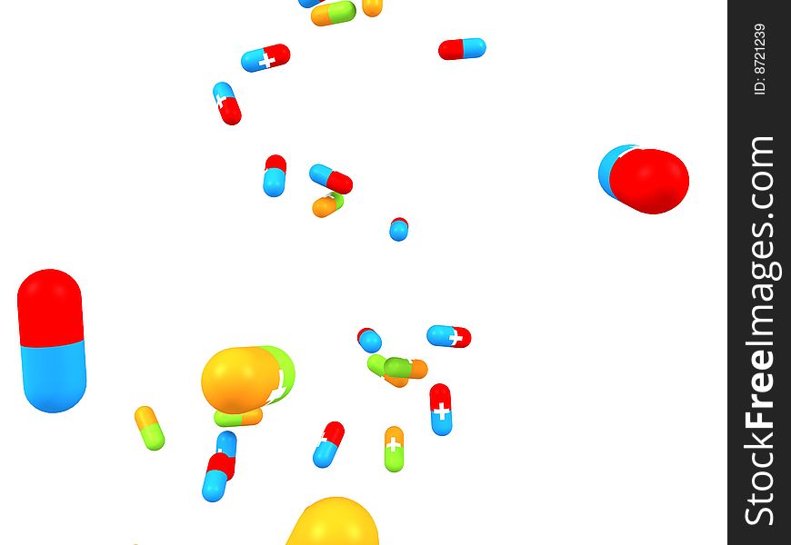 3d Colorful pills falling, isolated. 3d Colorful pills falling, isolated