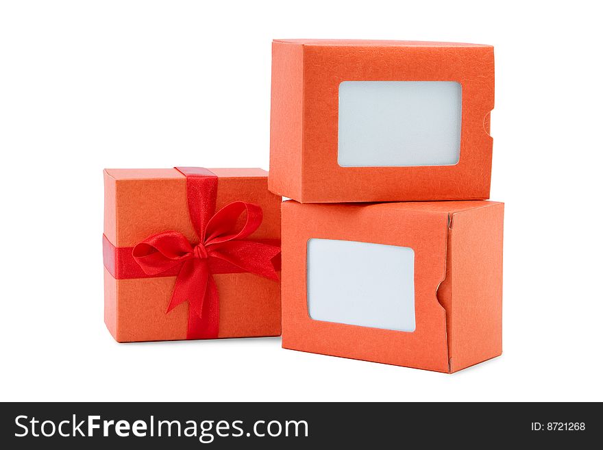 Three orange box with bow on white background