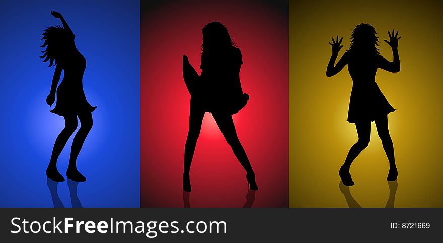 3 Silhouettes of sexy womans on colorful background. 3 Silhouettes of sexy womans on colorful background