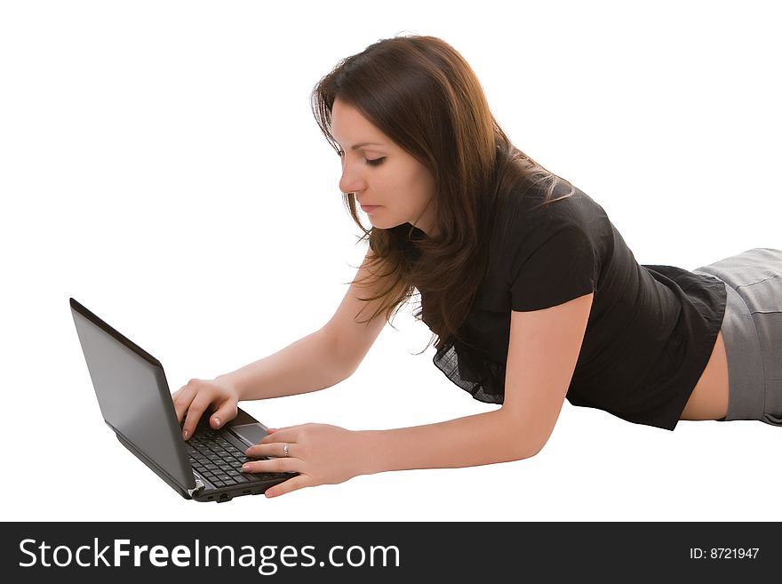 Girl with the laptop isolated on a white background. Girl with the laptop isolated on a white background