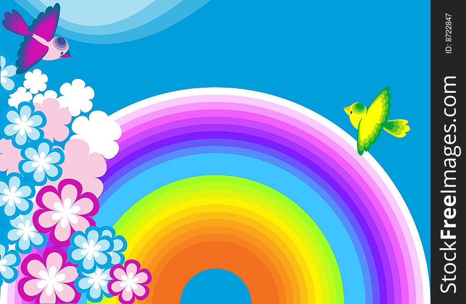 This is a background for the text with rainbow,  elements vegetative and birds. This is a background for the text with rainbow,  elements vegetative and birds