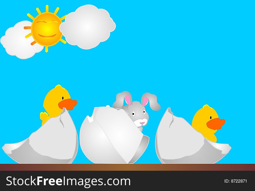 3 eggs crackin with chicks, and a bunny hopping out. 3 eggs crackin with chicks, and a bunny hopping out...