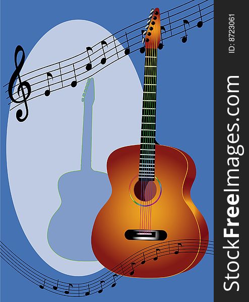 Vector illustration with guitar on blue background