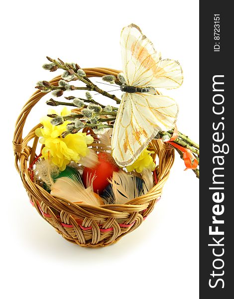 Easter basket, with  colored eggs, over white background. Easter basket, with  colored eggs, over white background