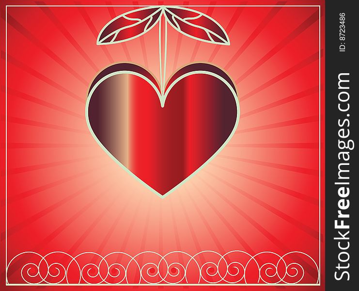 Romantic heart on red background,luminous ray