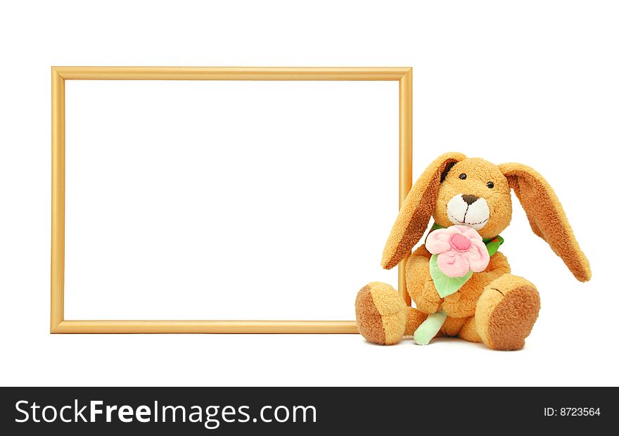 Blank frame for the congratulatory text and hare with a flower. Blank frame for the congratulatory text and hare with a flower