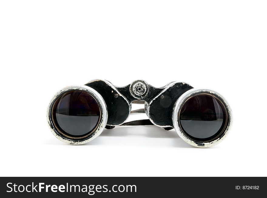 The Old Black Binoculars On A White Background