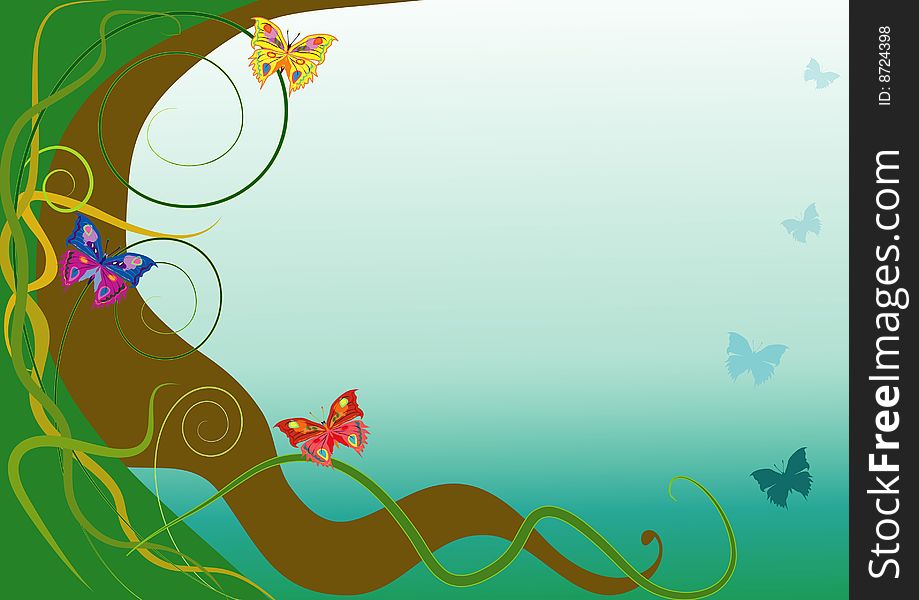 Vector abstract illustration with butterflies and liana. Vector abstract illustration with butterflies and liana