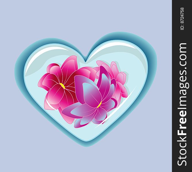 Vector illustration with glass heart and flowers. Vector illustration with glass heart and flowers
