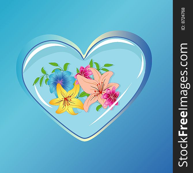 Vector illustration with glass heart and flowers. Vector illustration with glass heart and flowers