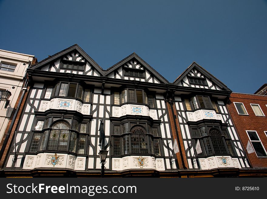A magnificent black and white timber building in shrewsbury in england. A magnificent black and white timber building in shrewsbury in england