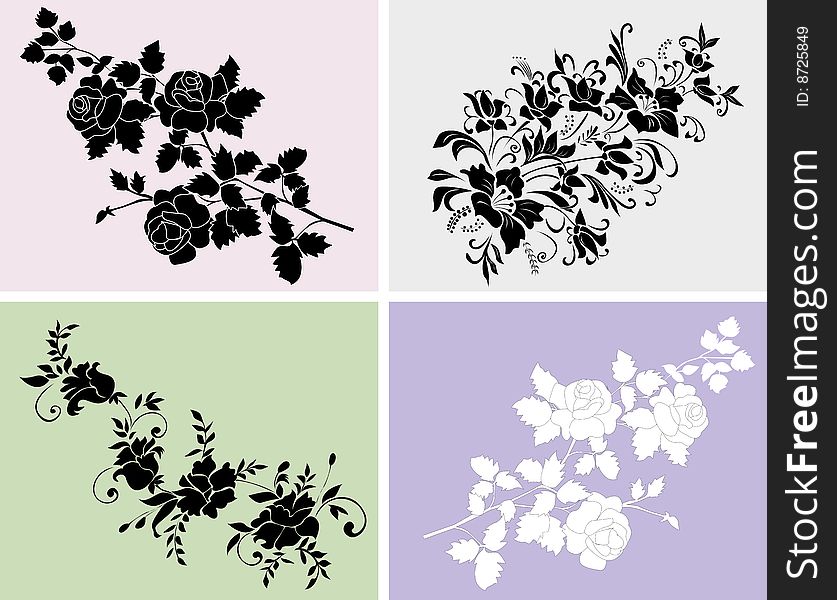 Different black flowers on a multi-coloured background. Different black flowers on a multi-coloured background