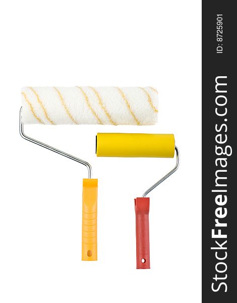 Two different paint rollers over isolated white background