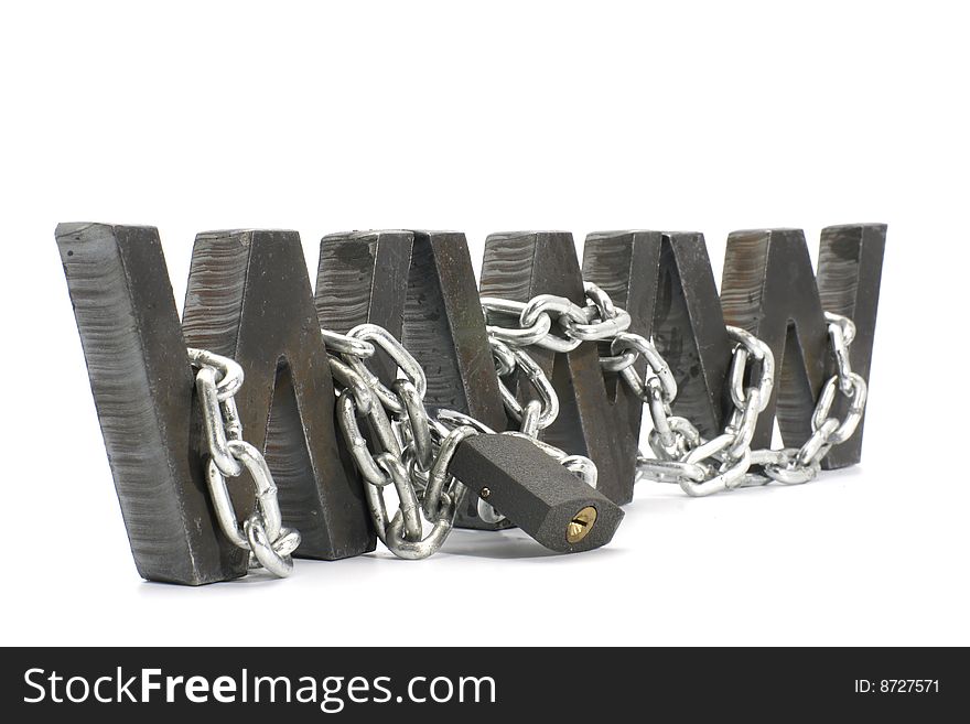 Three metal WWW letters chained and locked with padlock