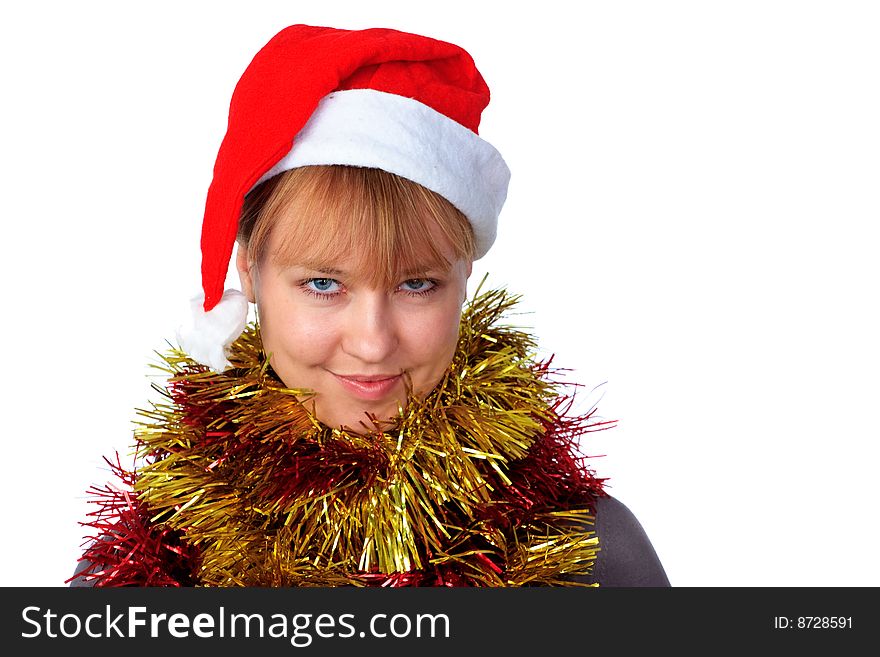 Woman wearing a santa hat on a white background