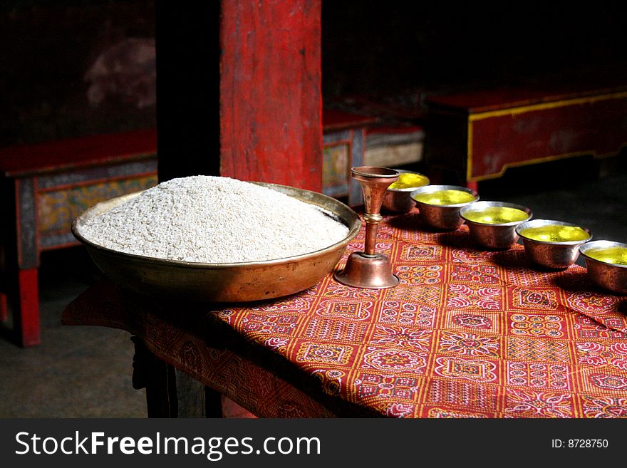 Gifts for Buddha in an himalayan monastery. Gifts for Buddha in an himalayan monastery