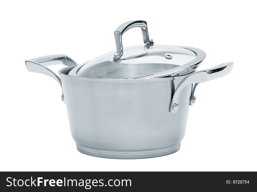 Modern steel saucepan on a white background