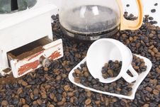 Cup Of Coffee Over Coffee Grain With Coffee Pot Stock Photography Cup Of Coffee Over Coffee Grain With Coffee Pot Stock Photography