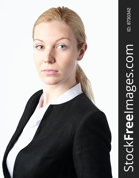 A portrait of a blonde businesswoman on a white background. A portrait of a blonde businesswoman on a white background.