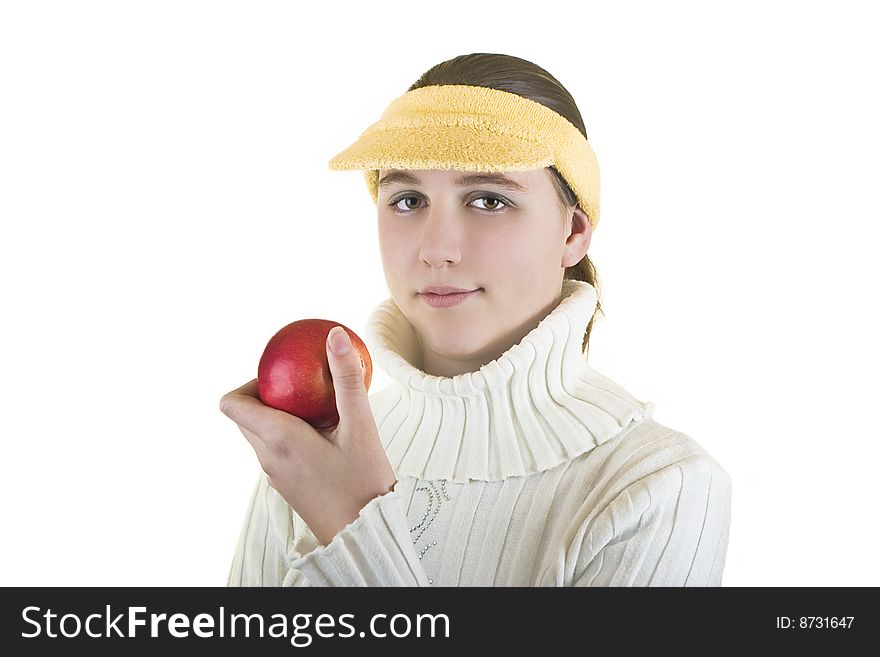 Teenage girl holding red apple,isolated over white background. Healthy eating concept. Teenage girl holding red apple,isolated over white background. Healthy eating concept