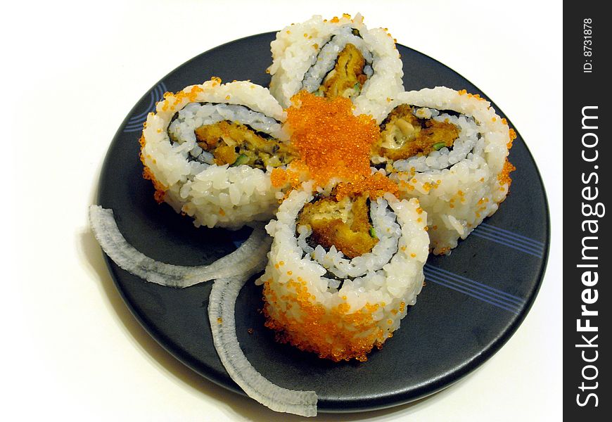 Deep fried oyster sushi rolls in butterfly shape. Deep fried oyster sushi rolls in butterfly shape